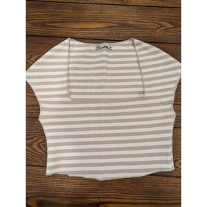Zara Women's‎ Cap Sleeve Crop Top Grey / White Stripe Size Small Stretchy